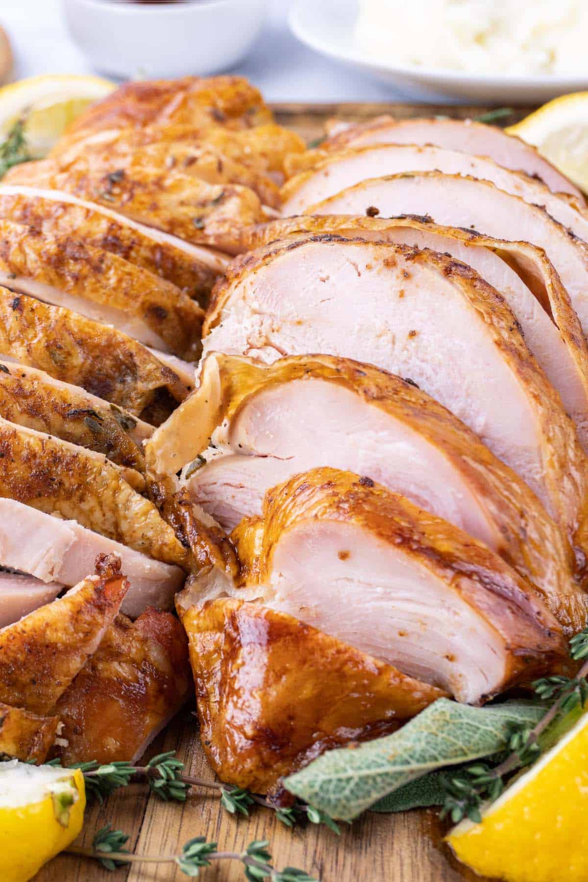 sliced smoked turkey breast close up