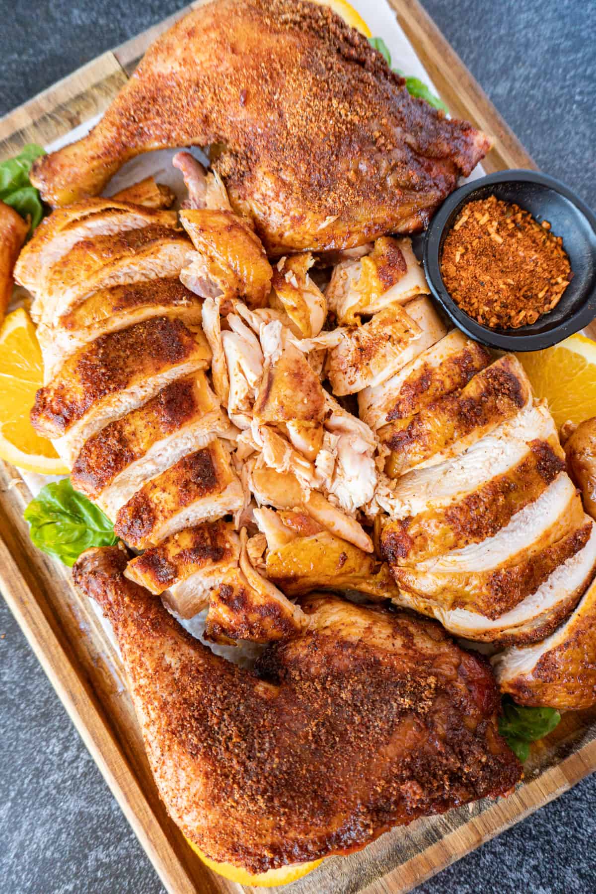 flat lay of cut chicken on cutting board