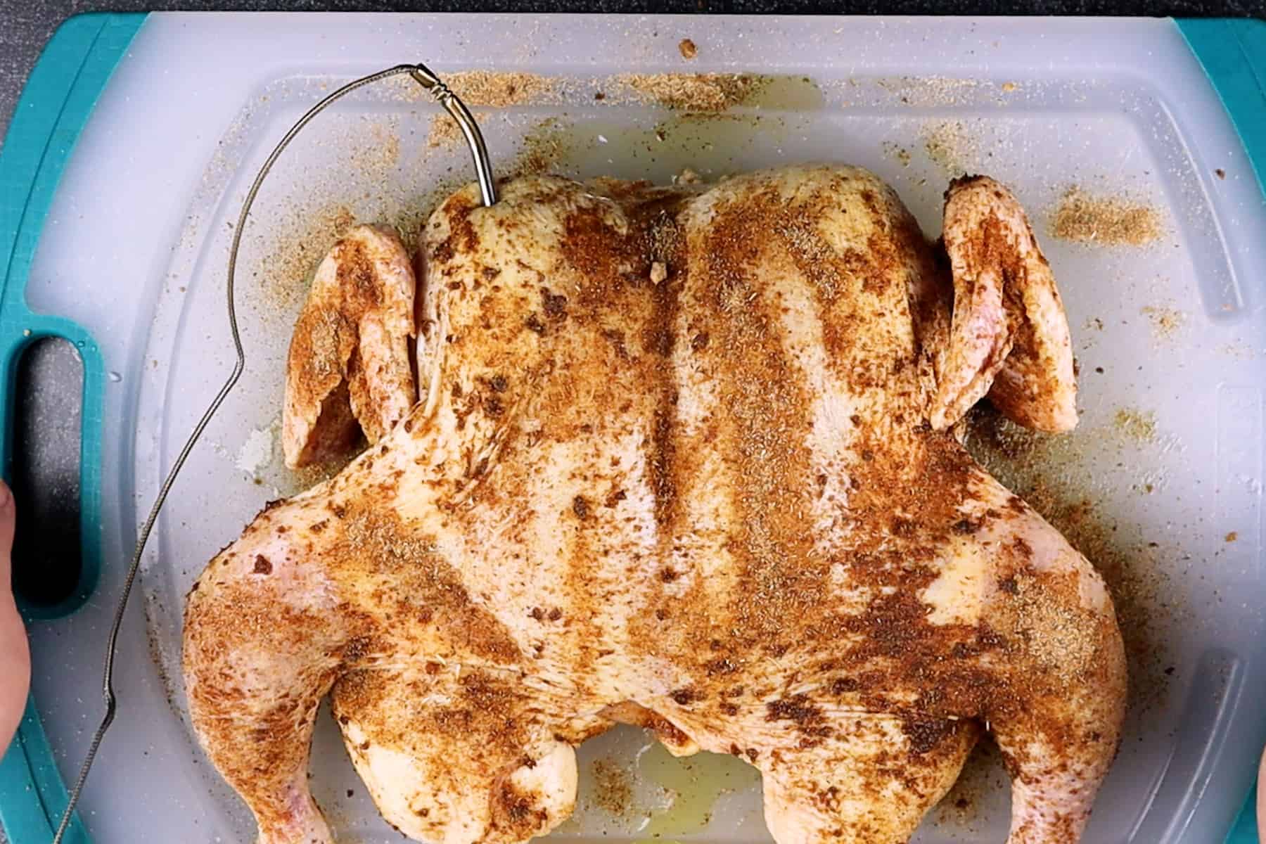 spatchcock chicken with thermometer in breast