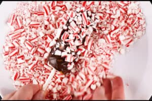 covering chocolate covered marshmallows in crushed candy cane