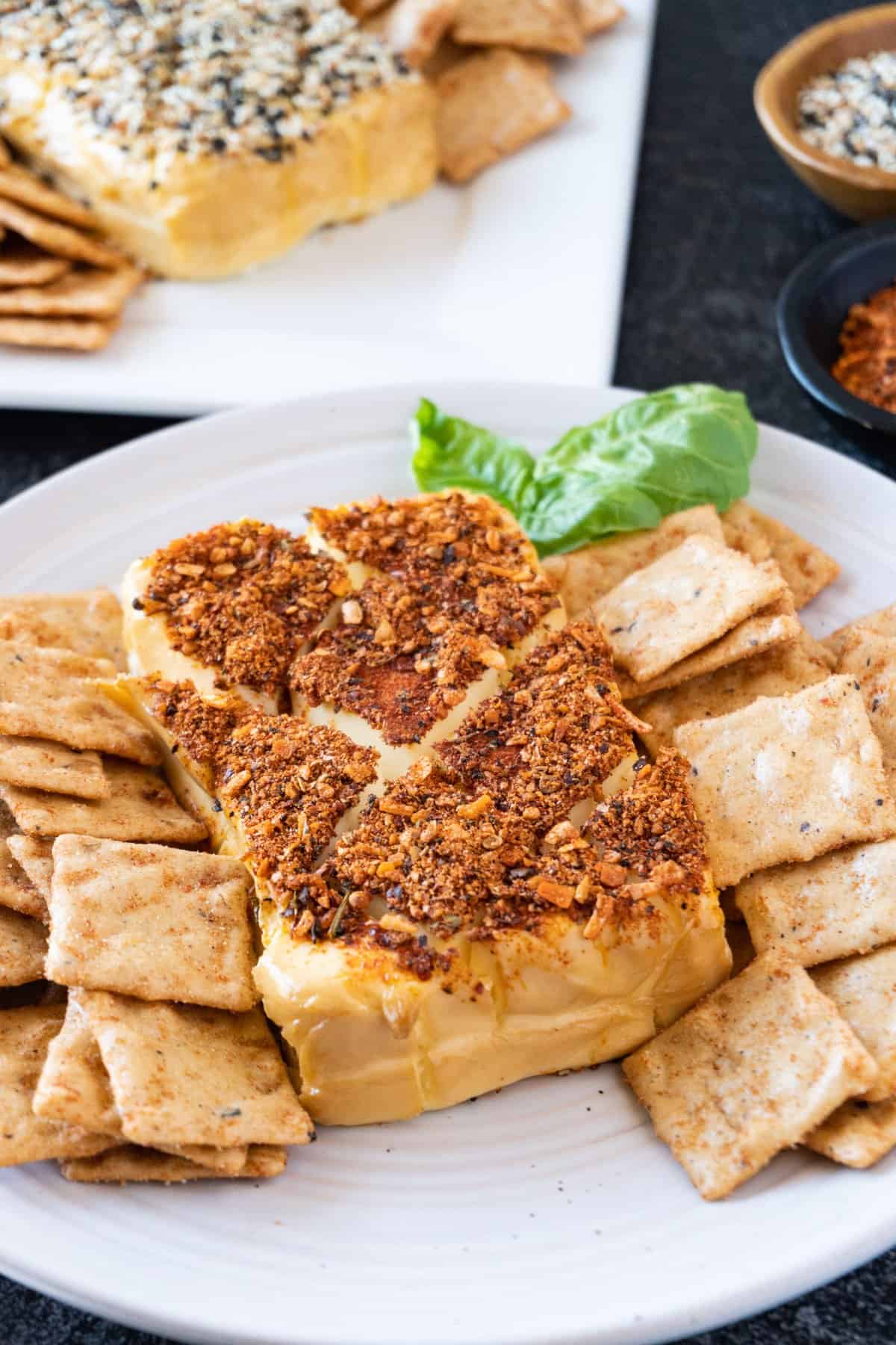 Smoked Cream Cheese on plate with garlic chipotle seasoning