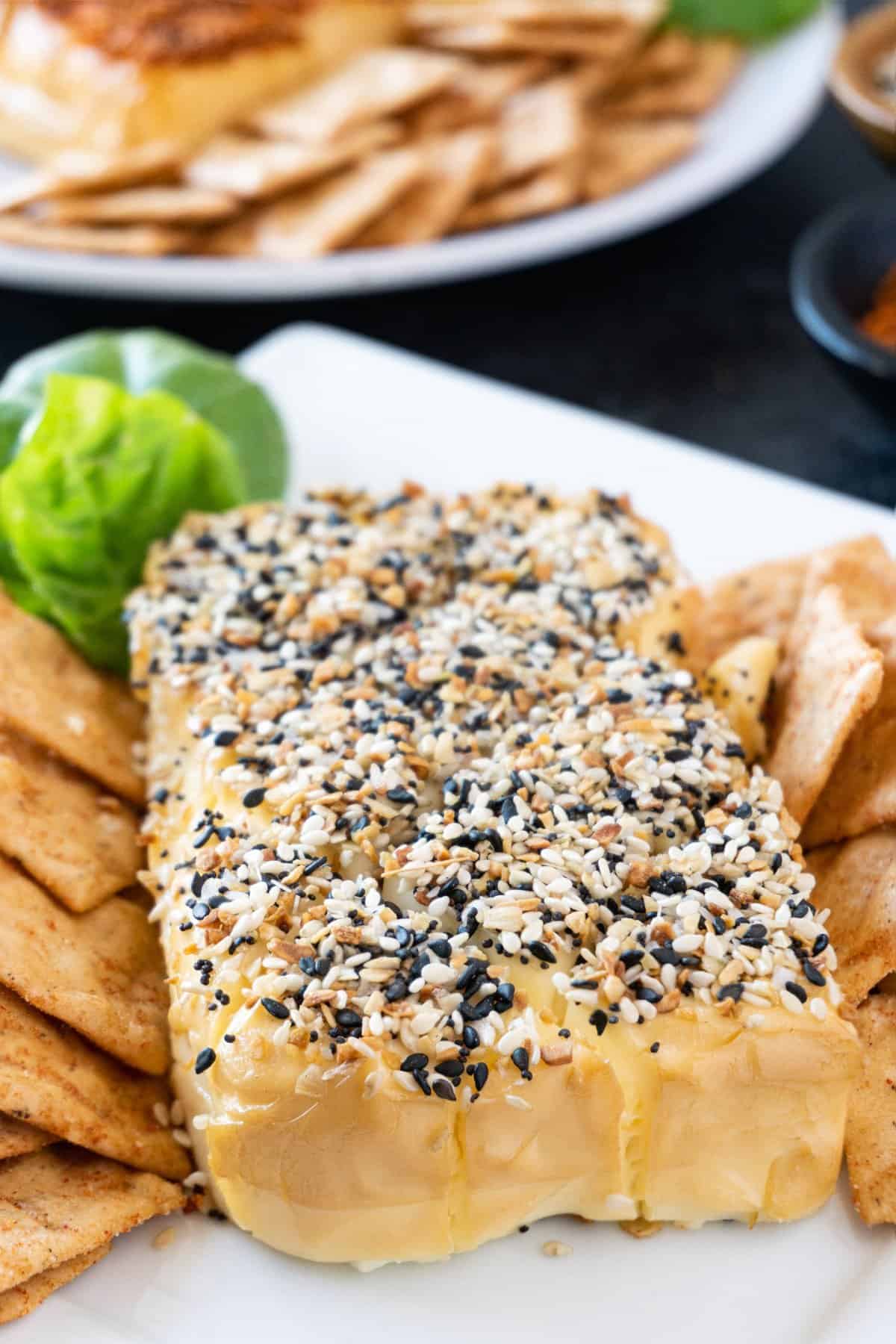 Smoked Cream Cheese on plate with everything bagel seasoning