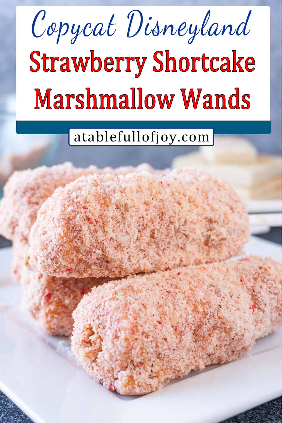 Strawberry Shortcake Marshmallow Wands on plate - pinterest pin