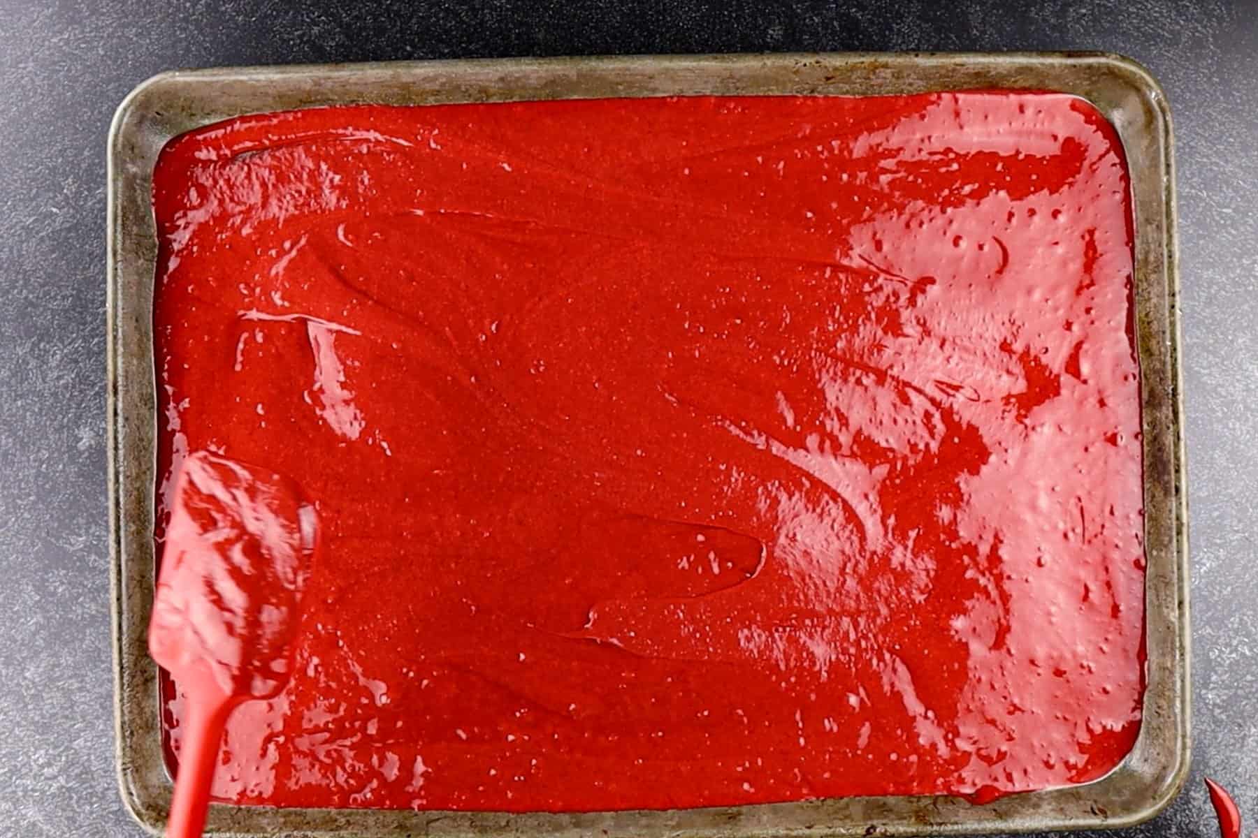 red velvet batter in pan