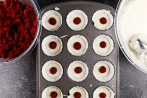 red velvet balls in cupcake batter