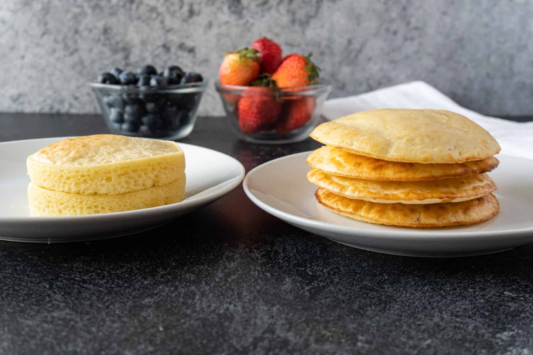 pancakes air fried in a ramekin vs aluminum pan side view.