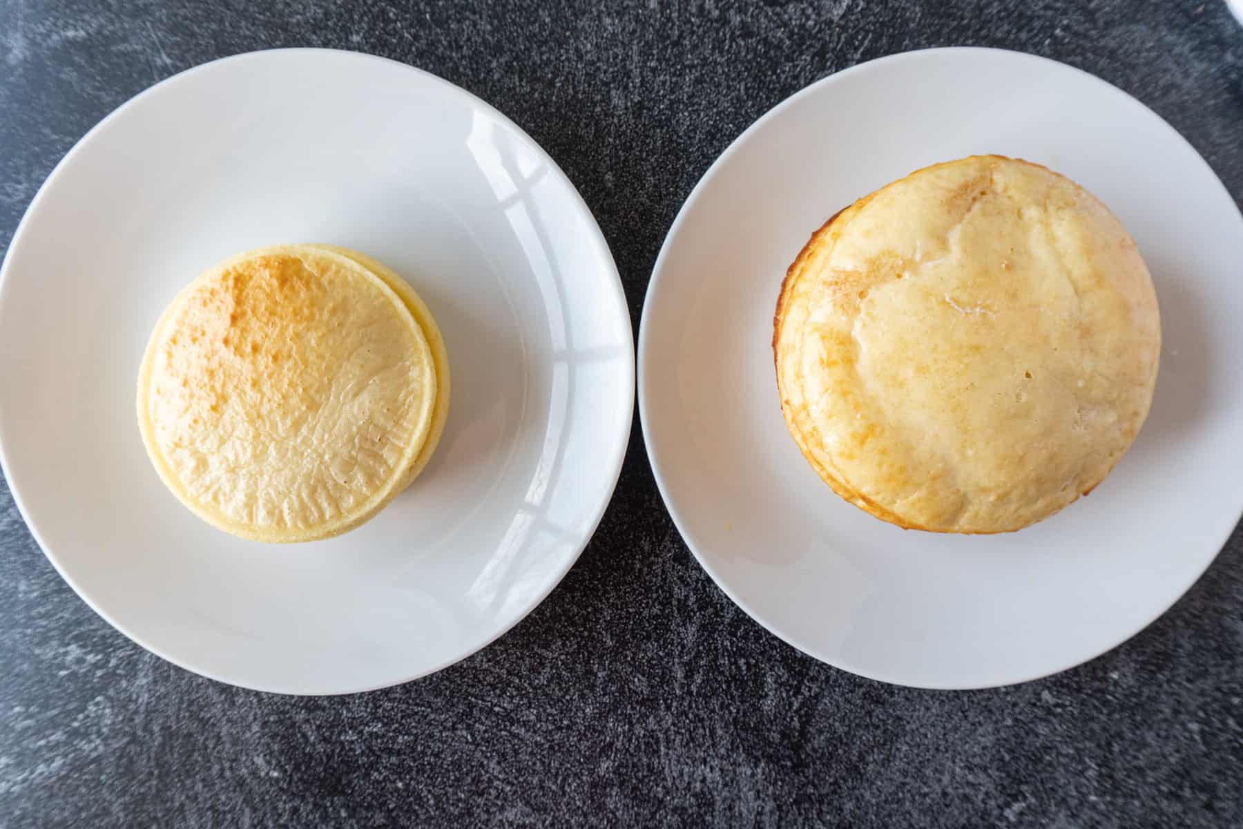 pancakes air fried in a ramekin vs aluminum pan top town view..