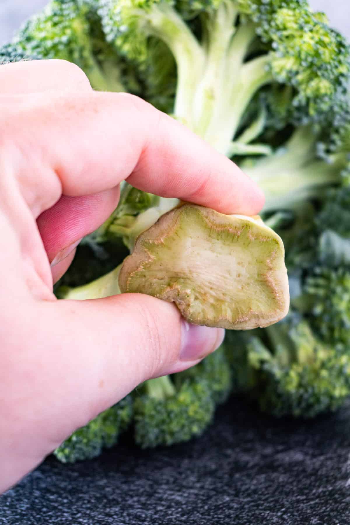 squishing the stem of a bad head of broccoli