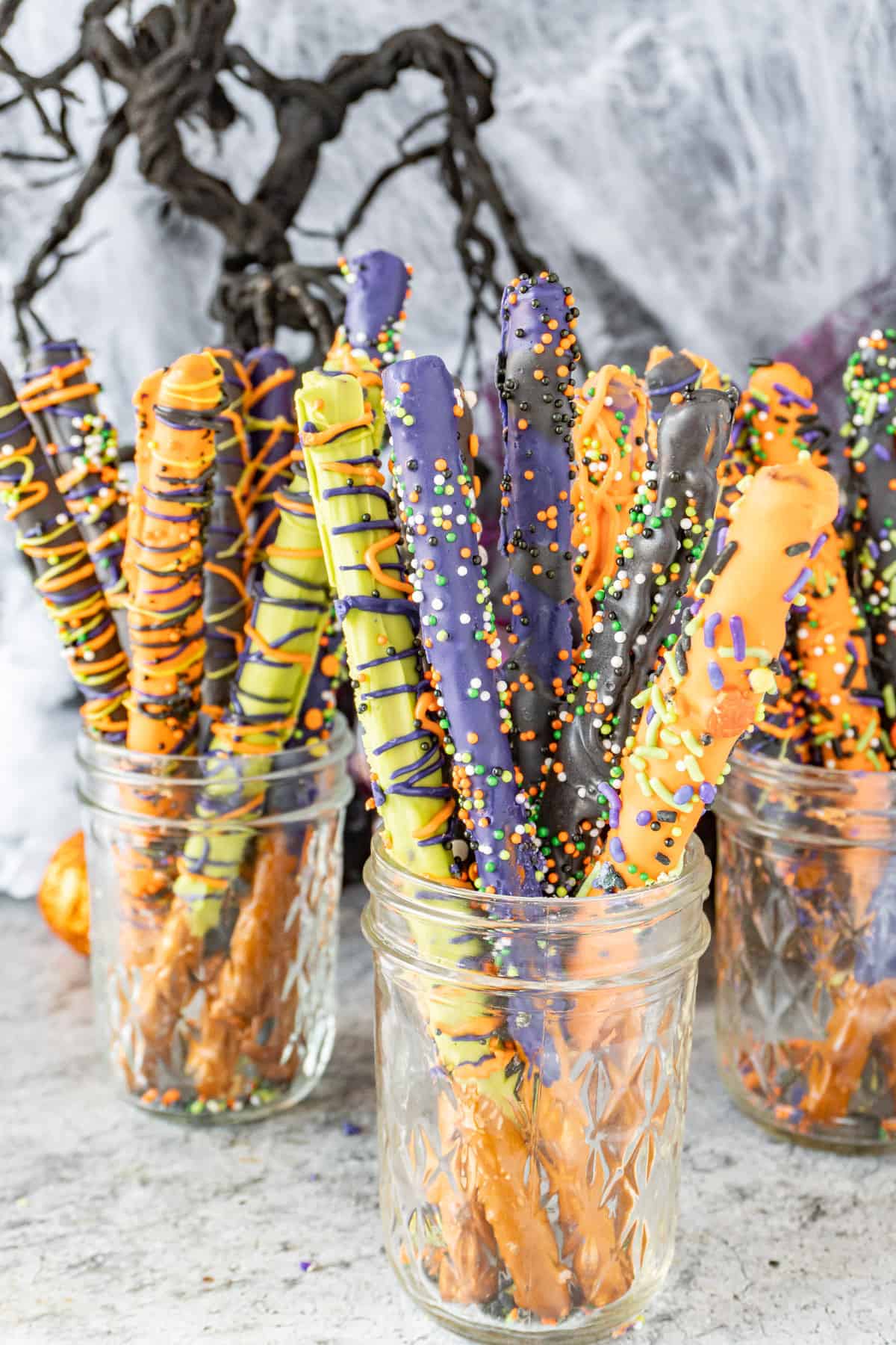 Halloween Pretzel Rods in jar