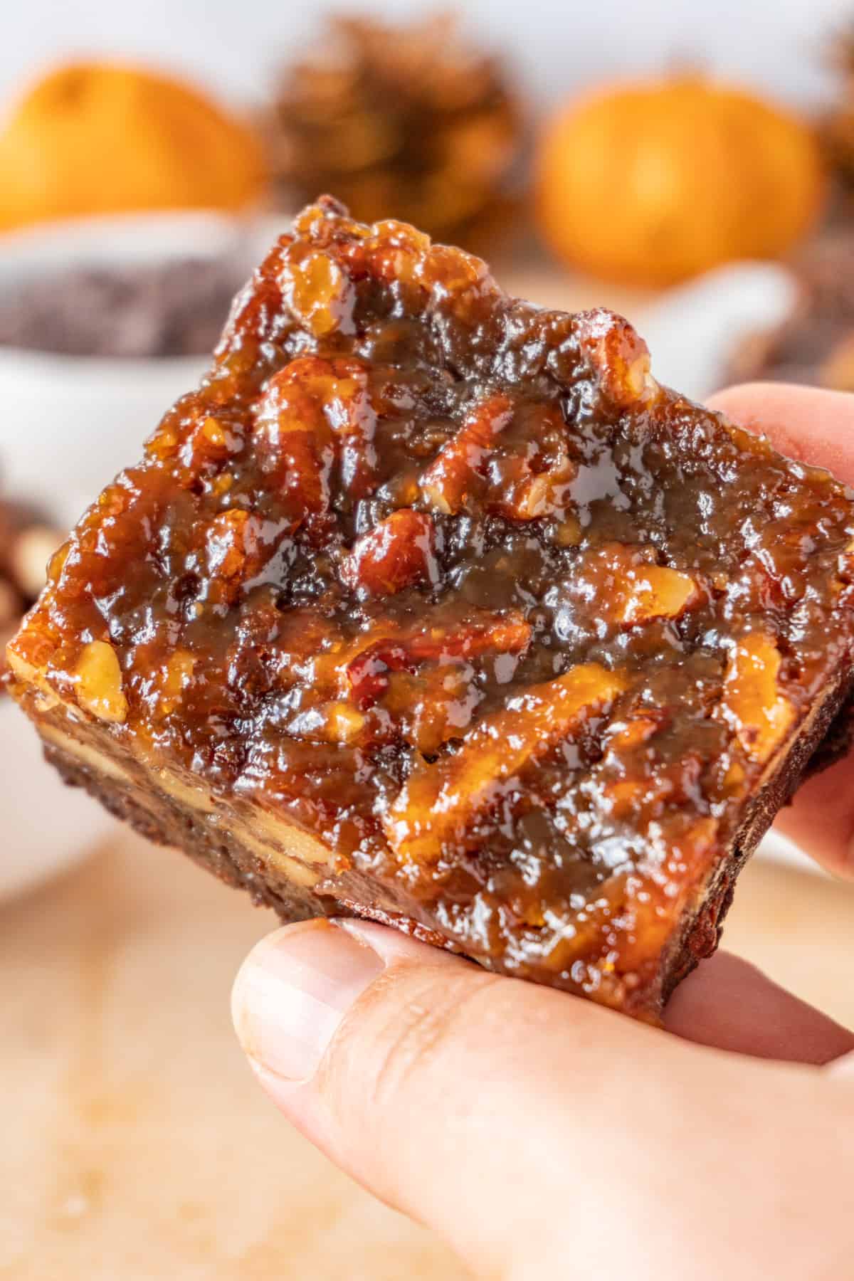 showing close up of top of Pecan Pie Brownie
