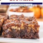 Pecan Pie Brownies on a white plate pinterest image