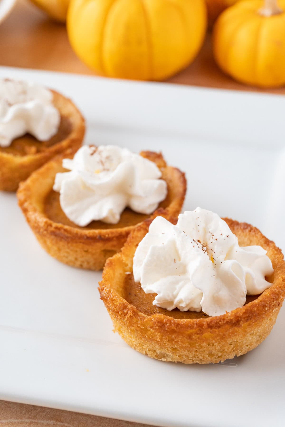 3 Pumpkin Pie cookies on a square white plate, each cookie topped with whipped cream with mini pumpkins in background.