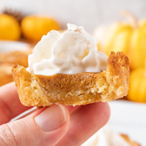 Holding a Pumpkin Pie Cookie topped with whipped cream with a bite taken out.