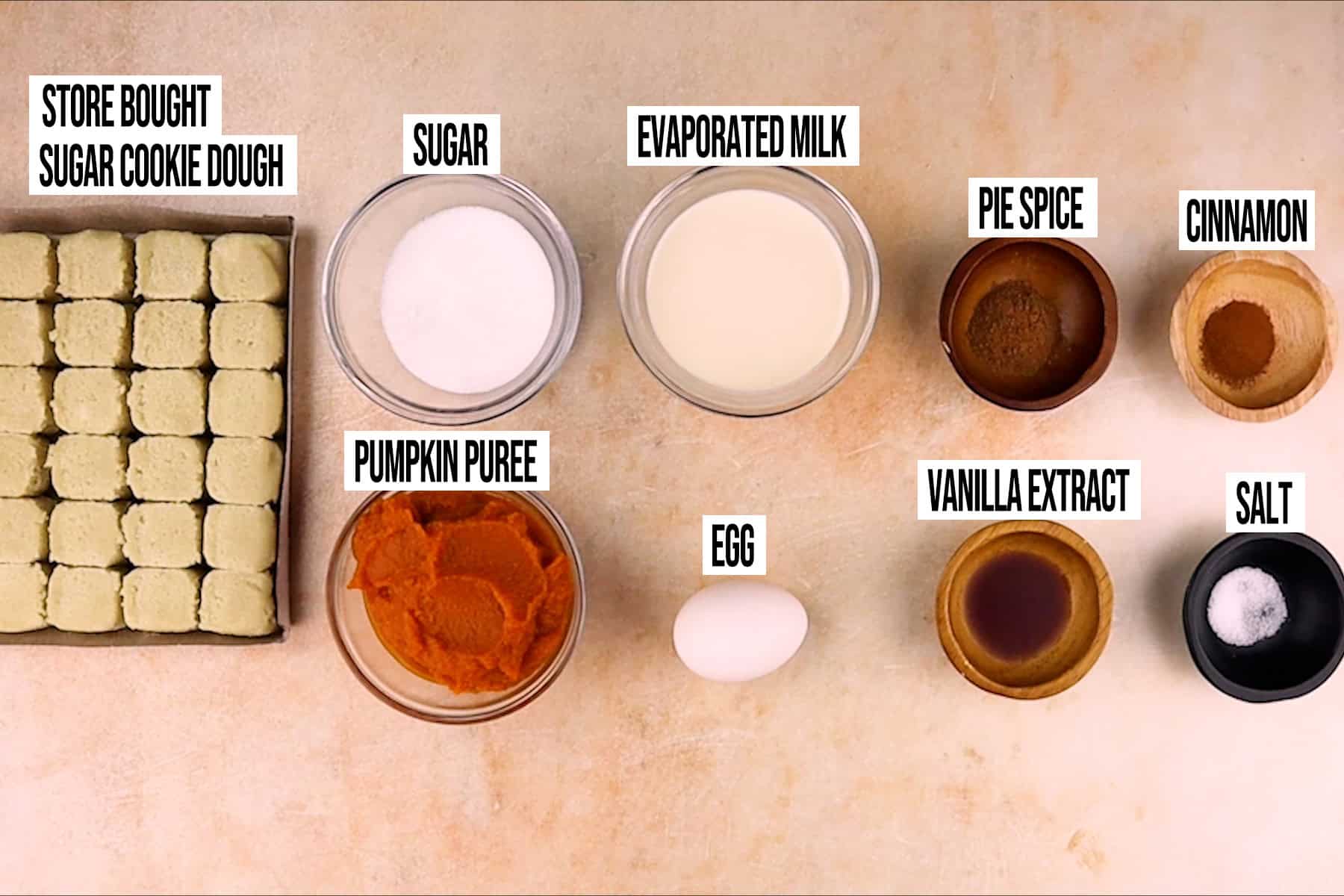 Pumpkin Pie Cookie ingredients in individual dishes and labeled.