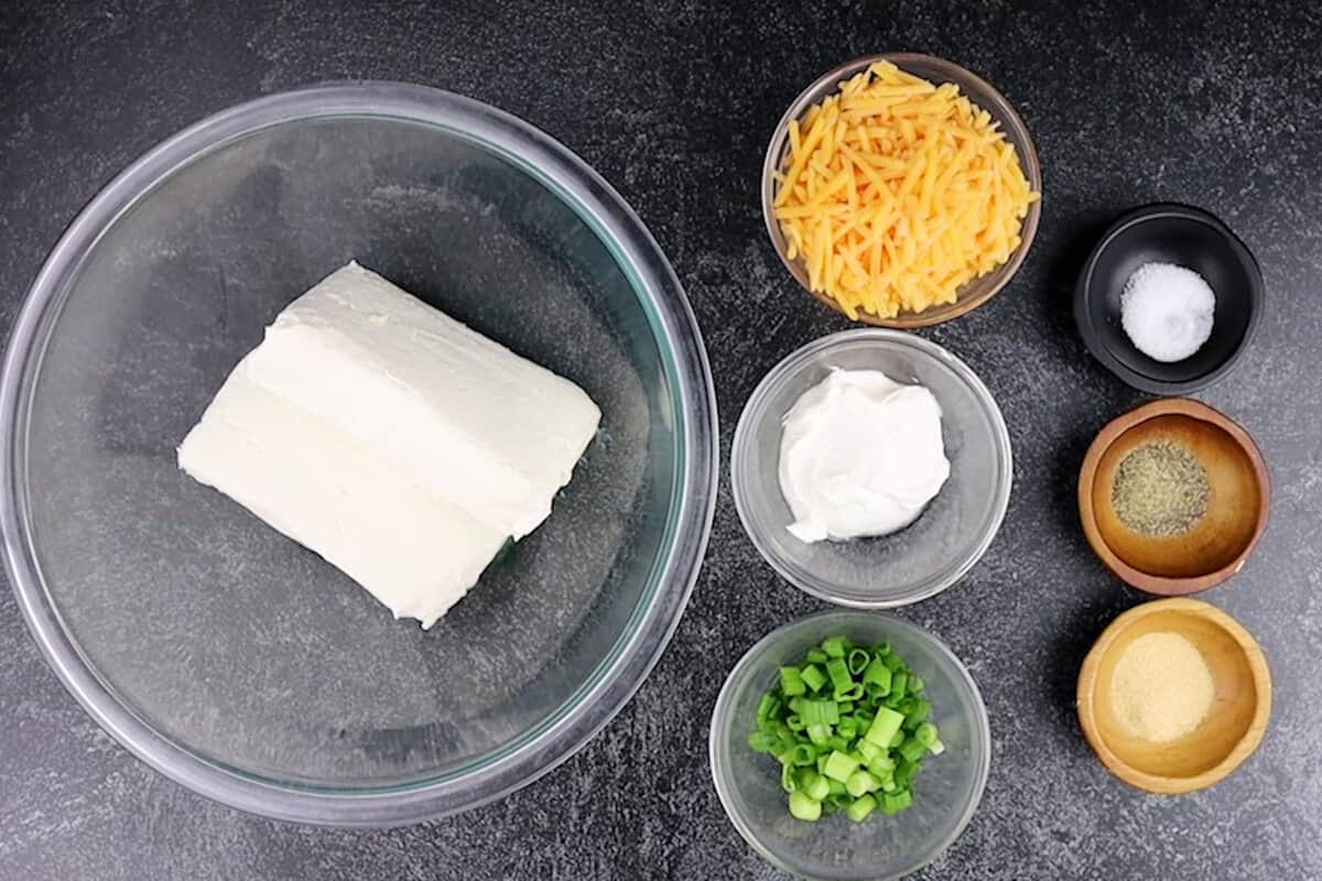 Ingredients for Turkey Cheese Ball (Cream CHeese, sour cream, cheddar cheese, green onion, spices)