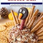 turkey cheese ball on wooden cutting board surrounded by crackers pinterest pin