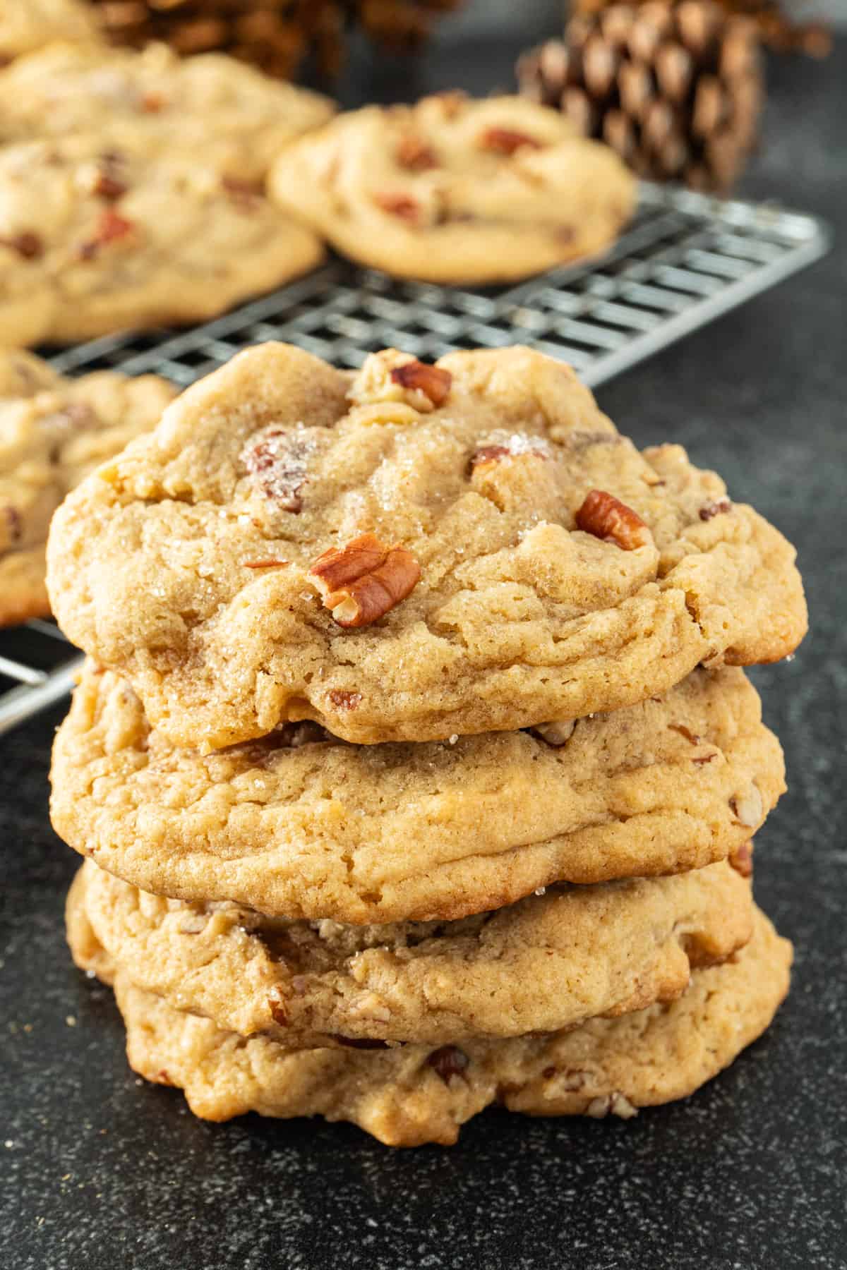 pecan pie cookies stacked 3 high