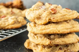 close up of stacked pecan pie cookies