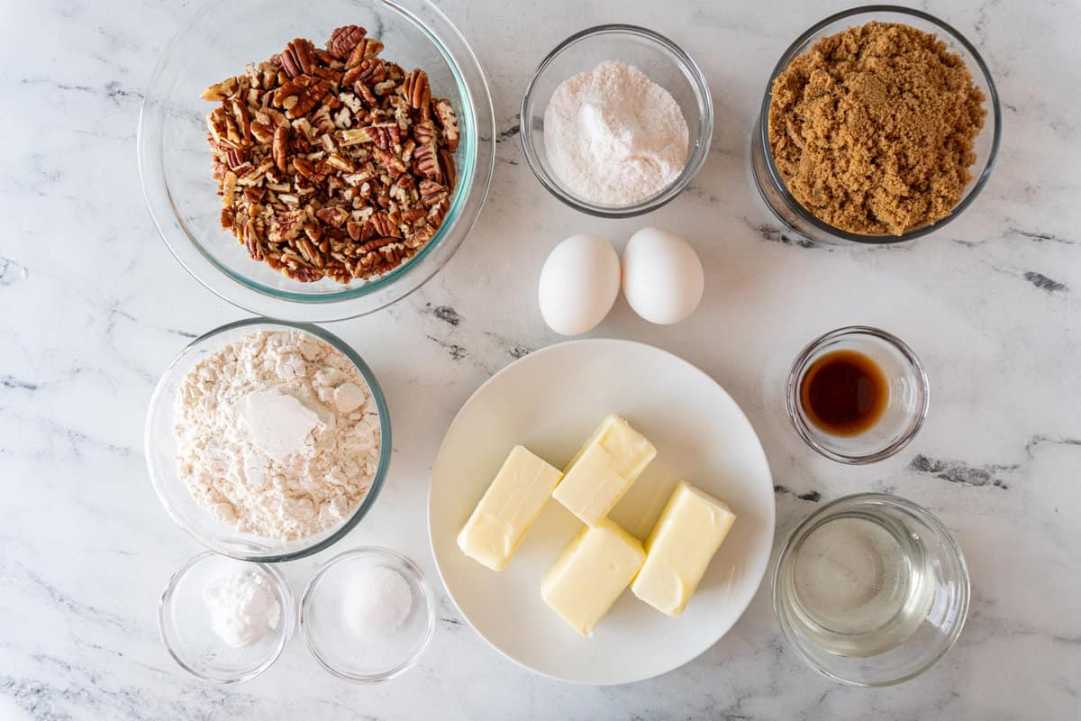 pecan pie cookie ingredients in bowls