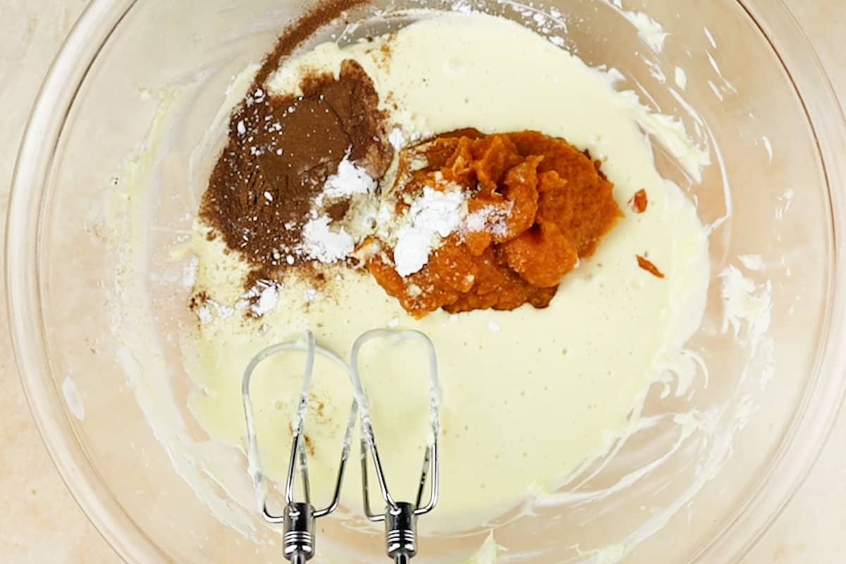 adding pumpkin , spices, and cornstarch to batter