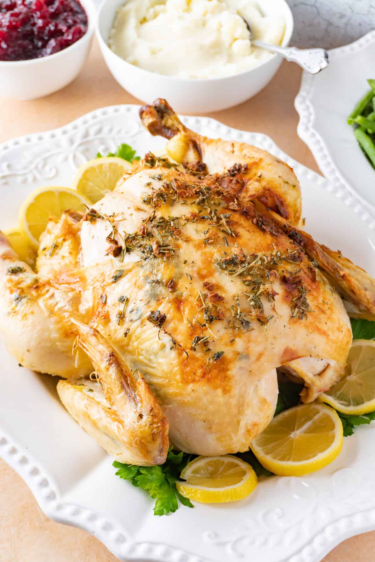 Thanksgiving Chicken Recipe whole chicken on platter