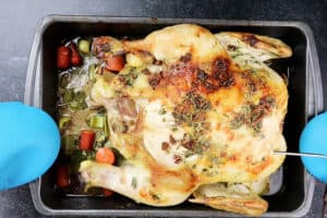 Chicken cooked, in roasting pan