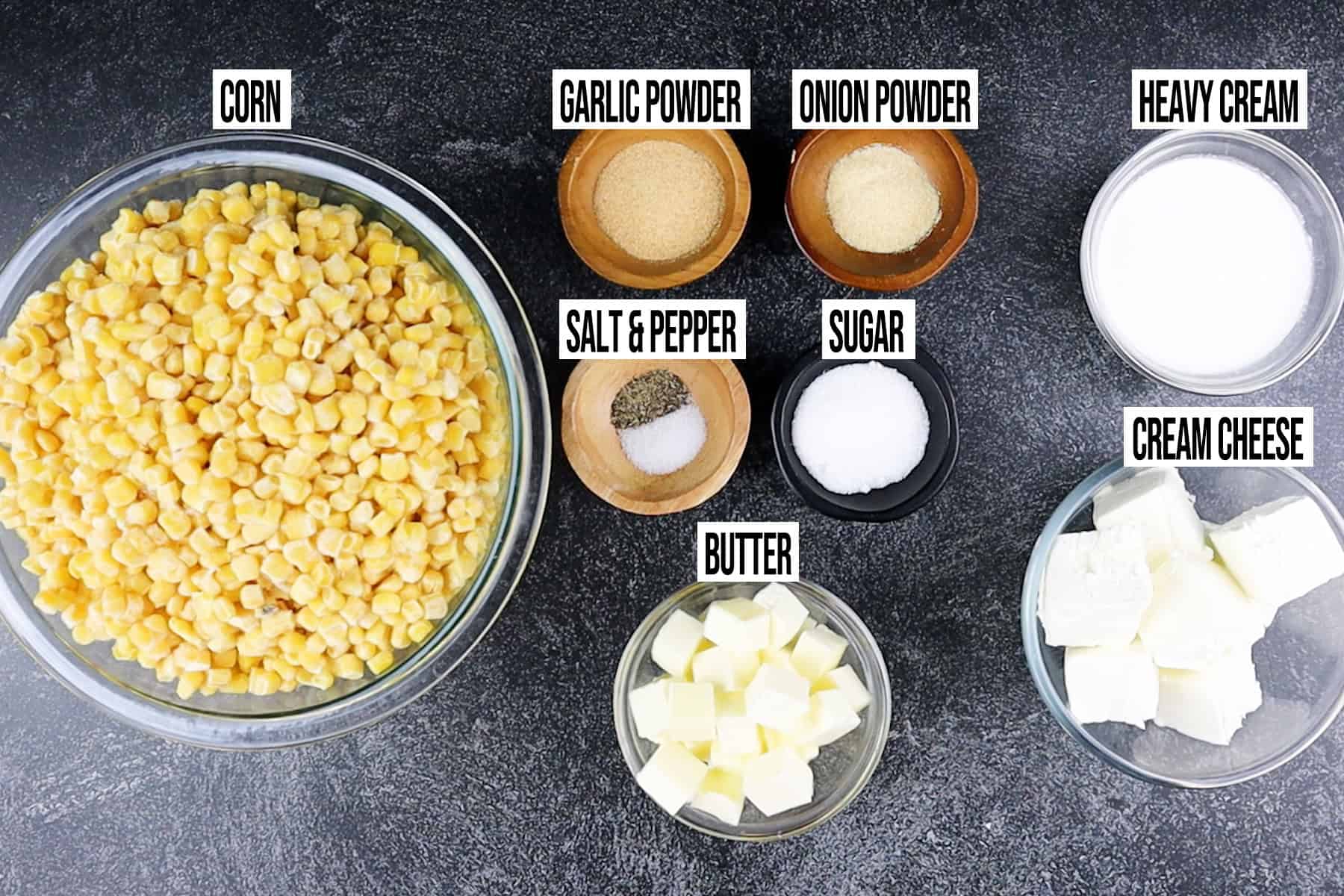 Thanksgiving Corn Recipe ingredients in individual bowls and labeled