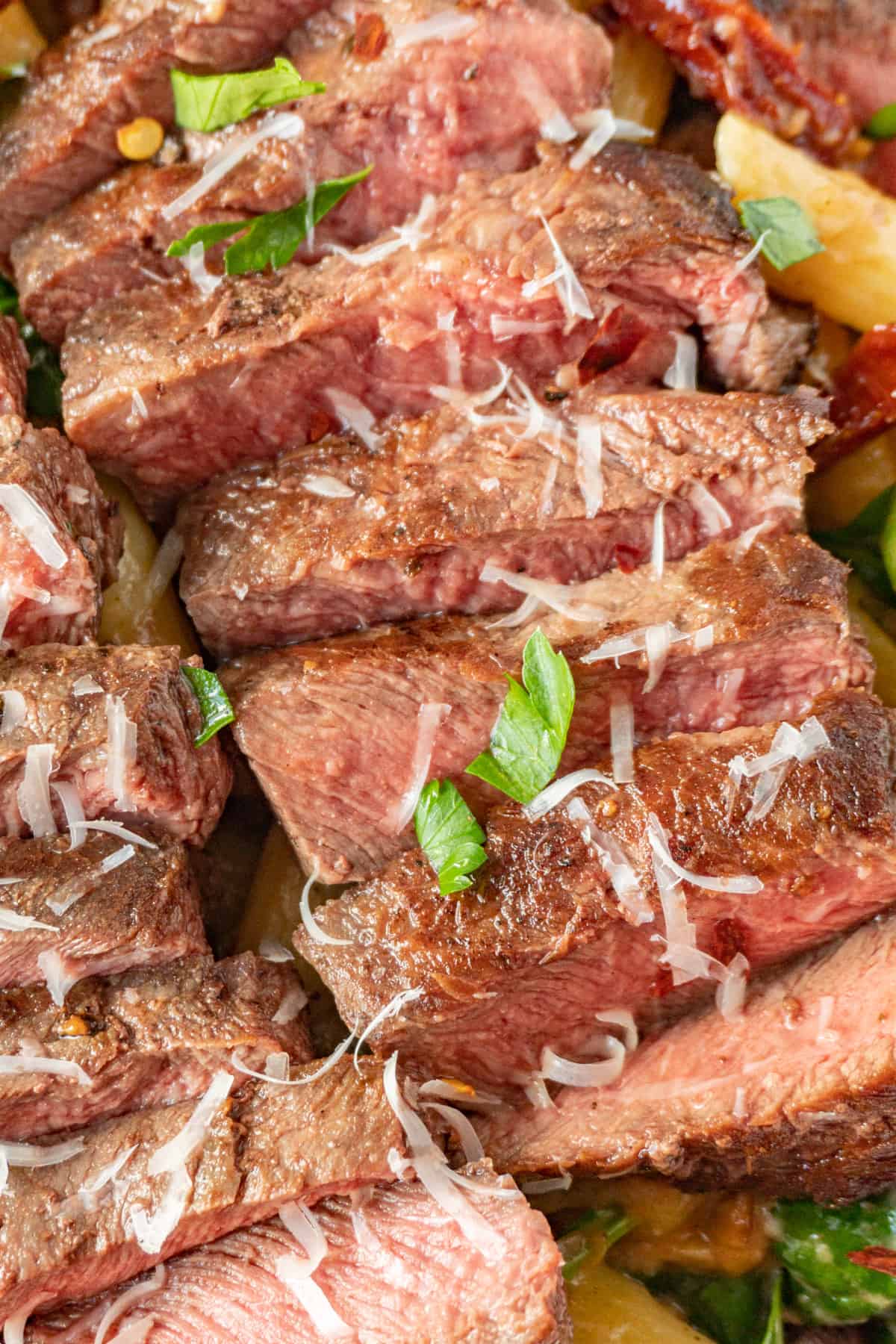 close up of sliced steak