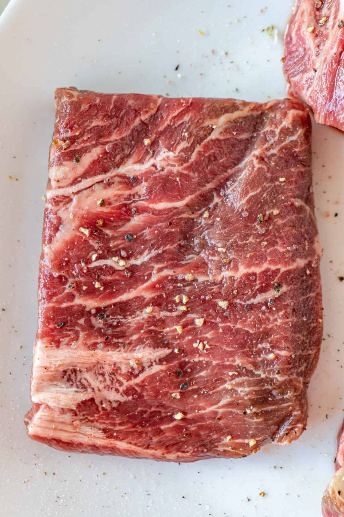 close up of uncooked steak showing marbleing