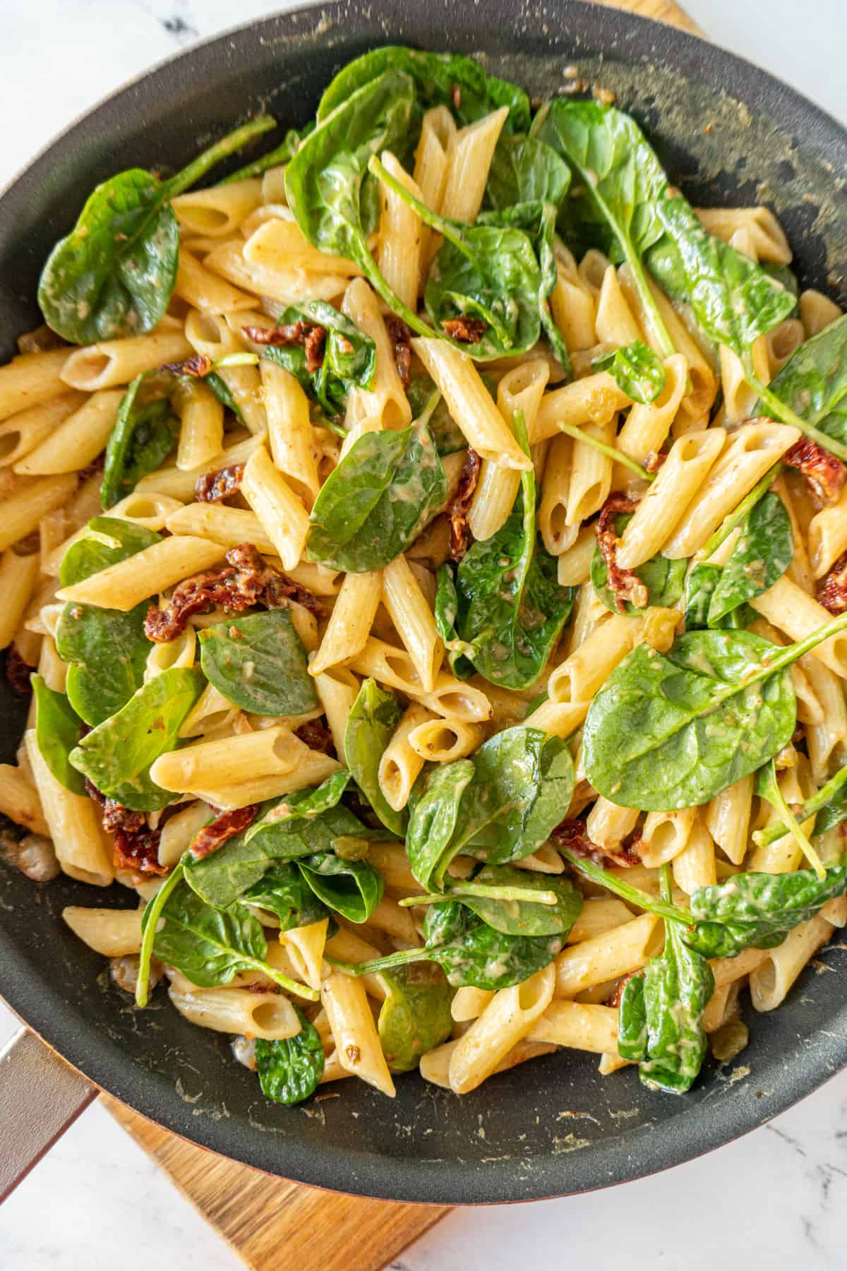 pasta with everything except steak in skillet