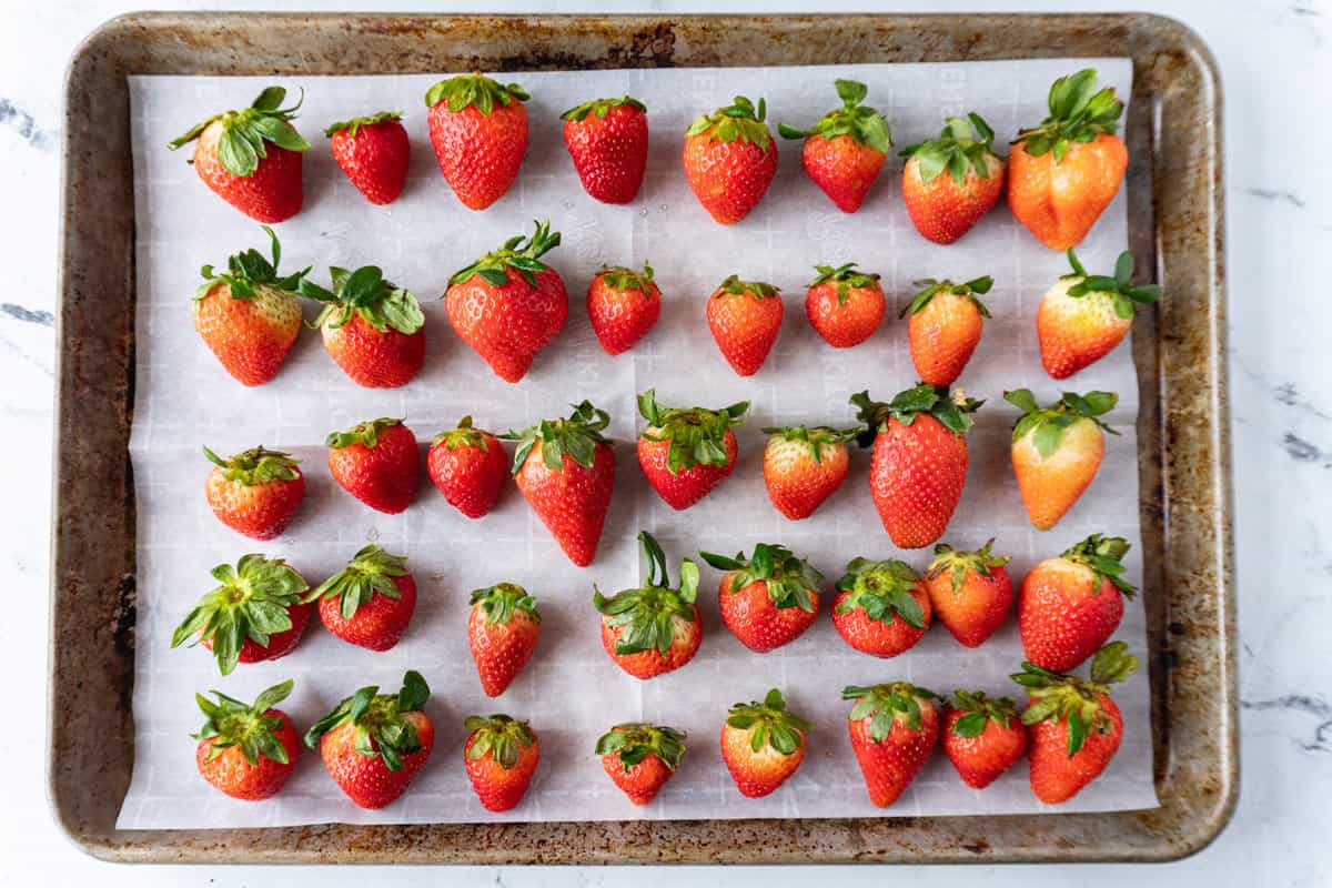 strawberries on baking sheet
