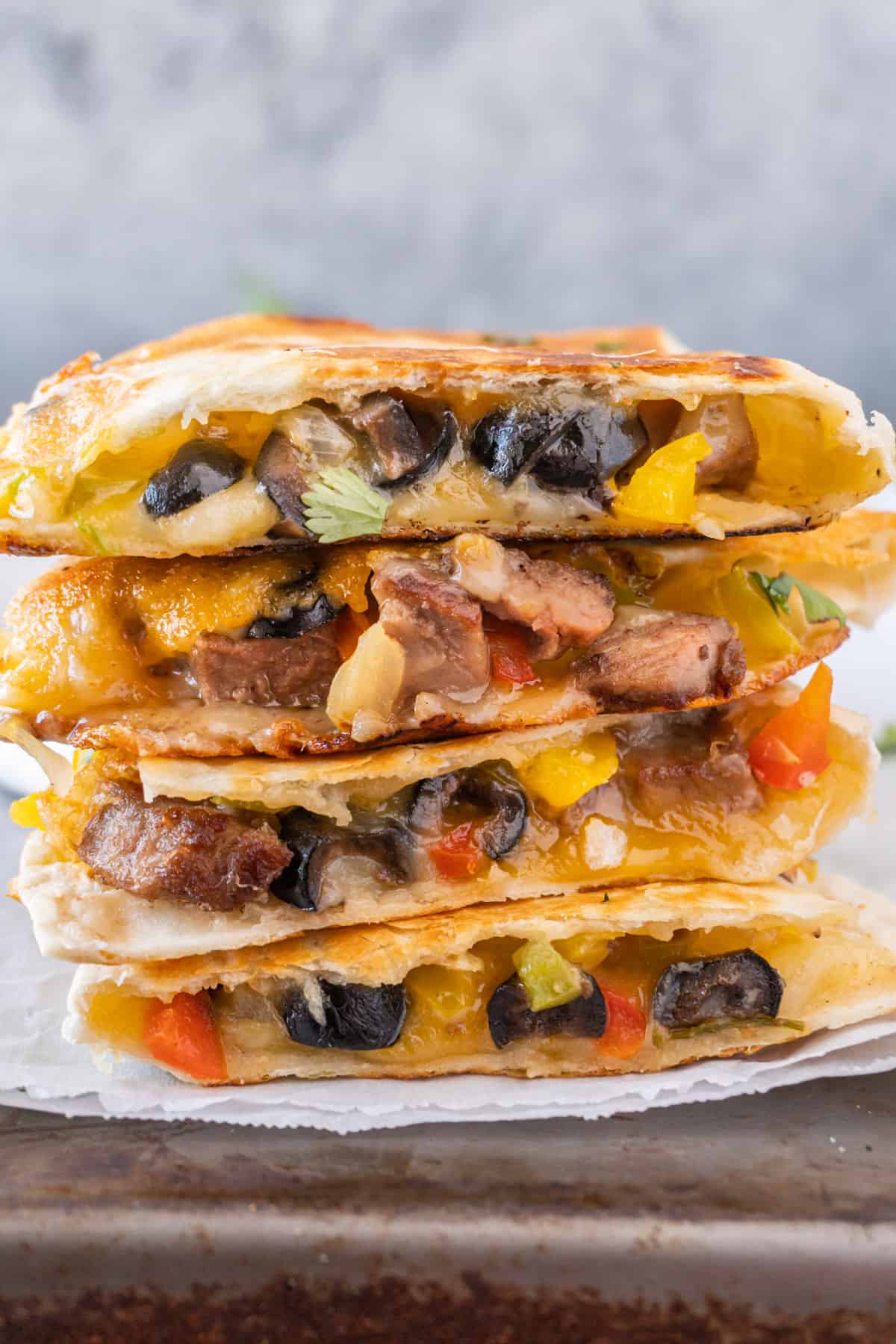steak quesadilla cut and stacked showing filling