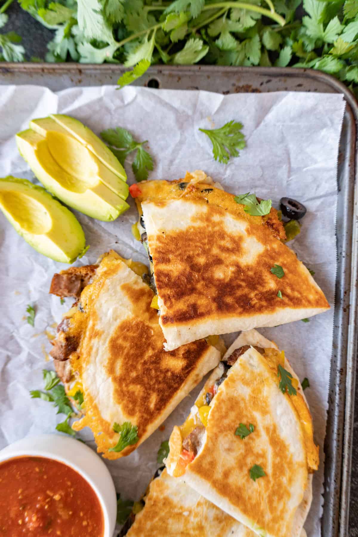 steak quesadilla on baking sheet