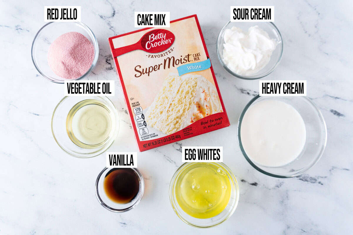 4th of July Flag Cake ingredients in individual bowls and labeled.