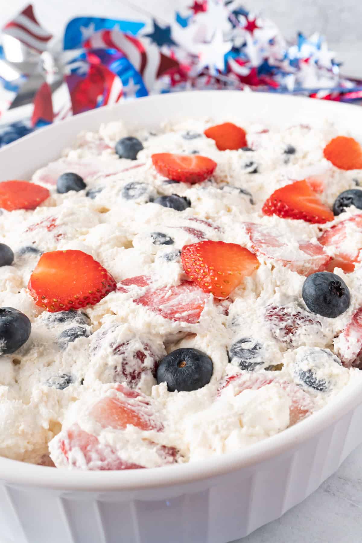 red white and blue cheesecake salad close up