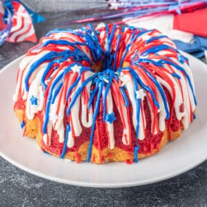 red white and blue bundt cake side view