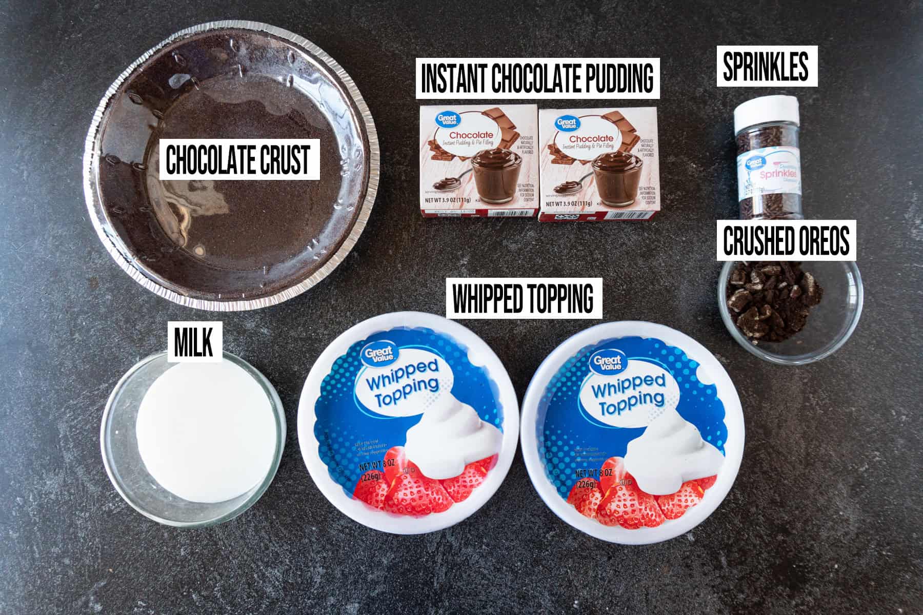Chocolate Pudding Pie Ingredients laid out and labeled.