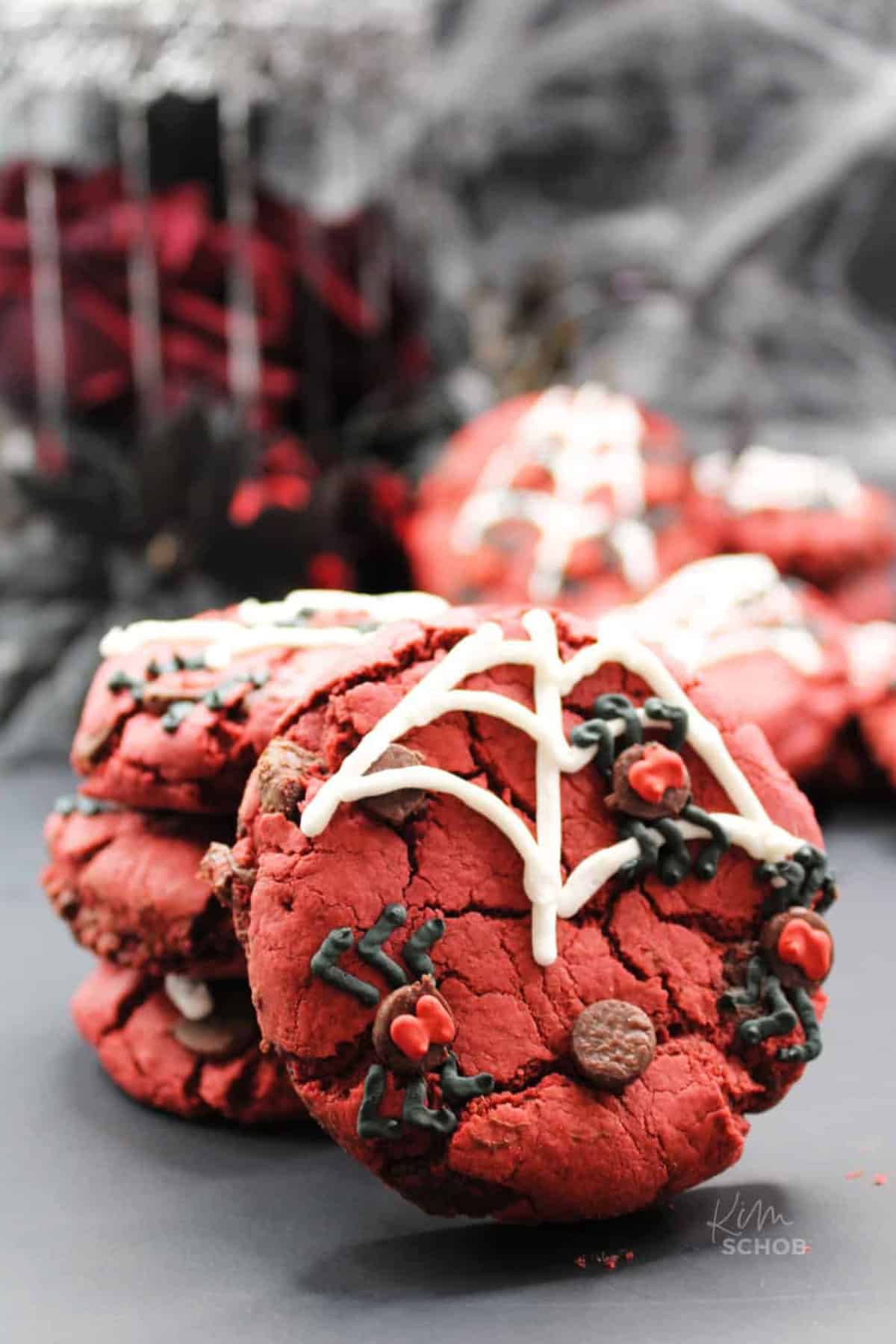 red velvet spiderweb cookies close up