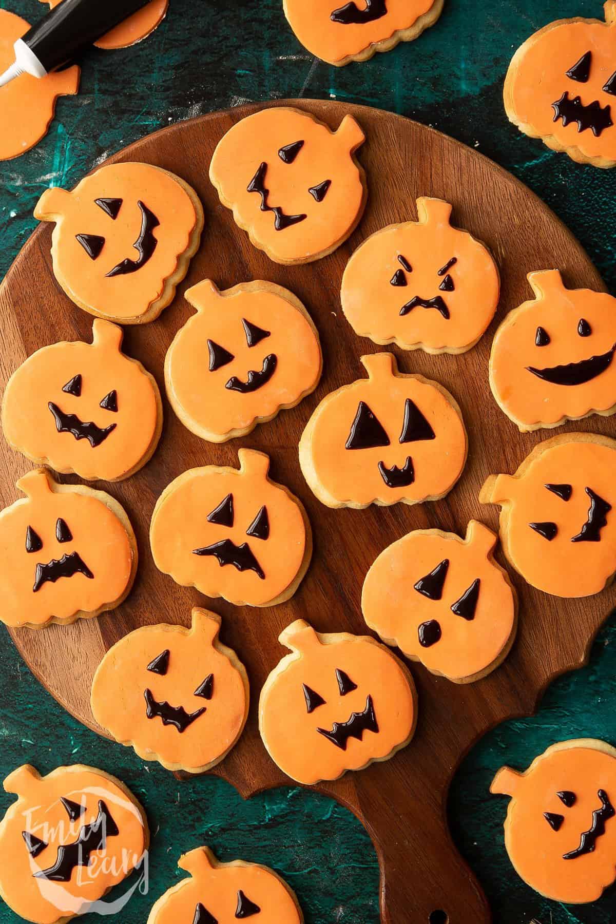 Jack-O-Lantern sugar cookies on platter