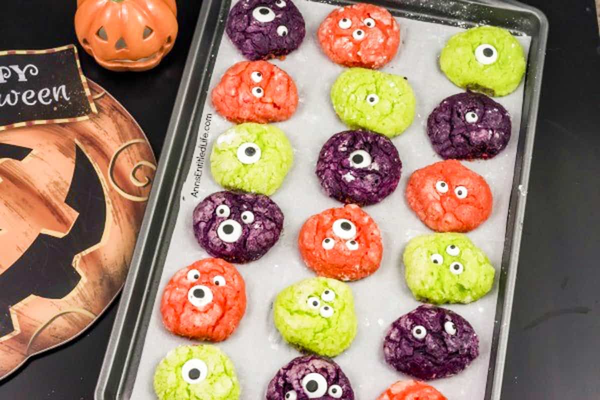 orange, purple, green cake monster cookies