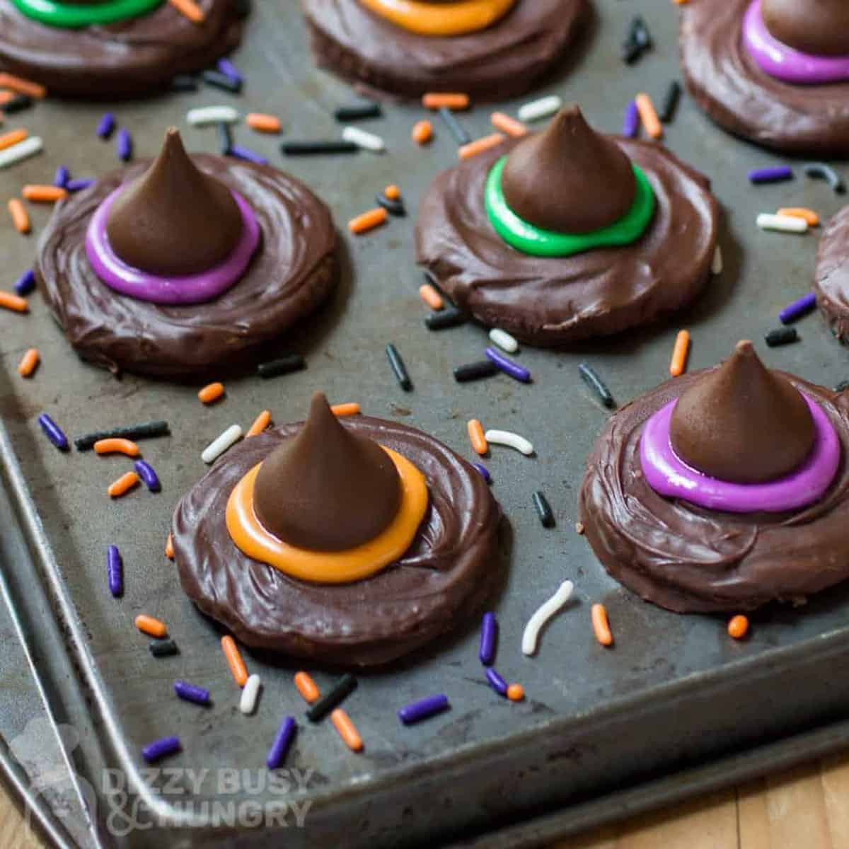 witches hat cookies on baking sheet