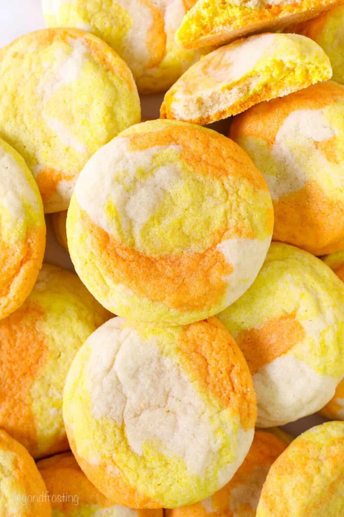 soft candy corn cookies that are white orange and yellow