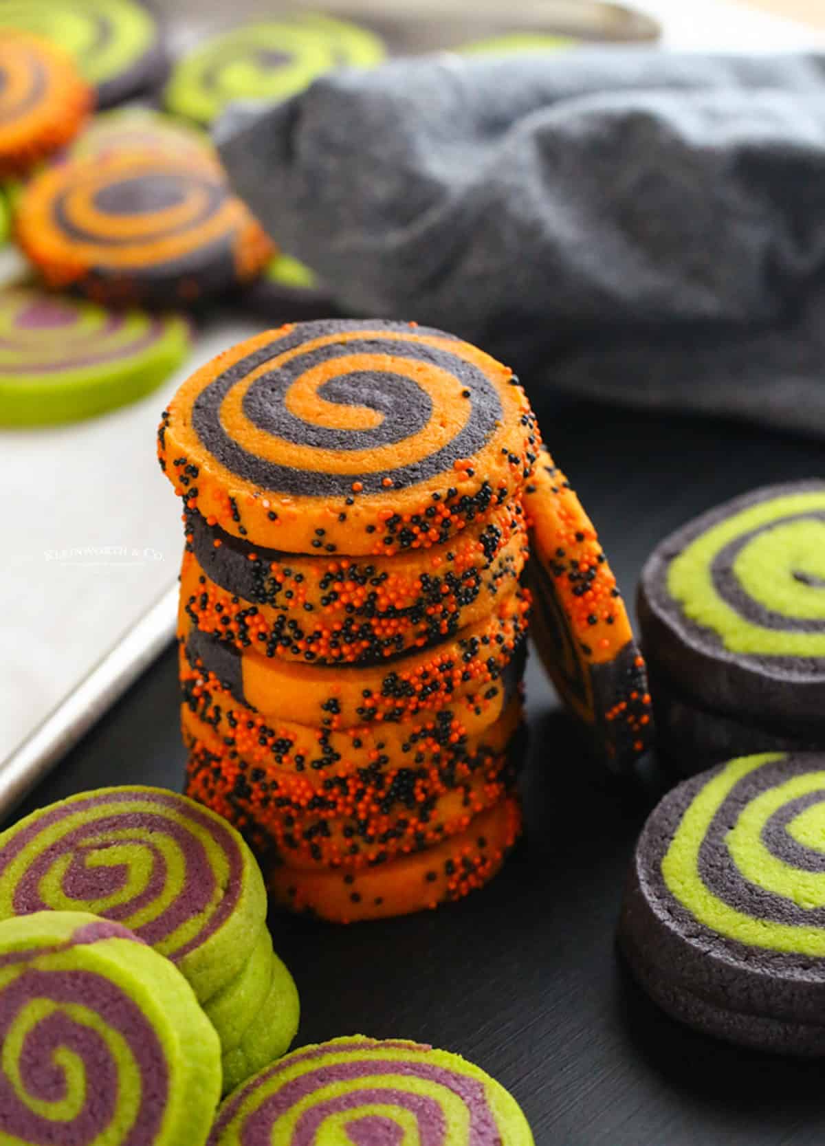 Halloween pinwheel cookies stacked