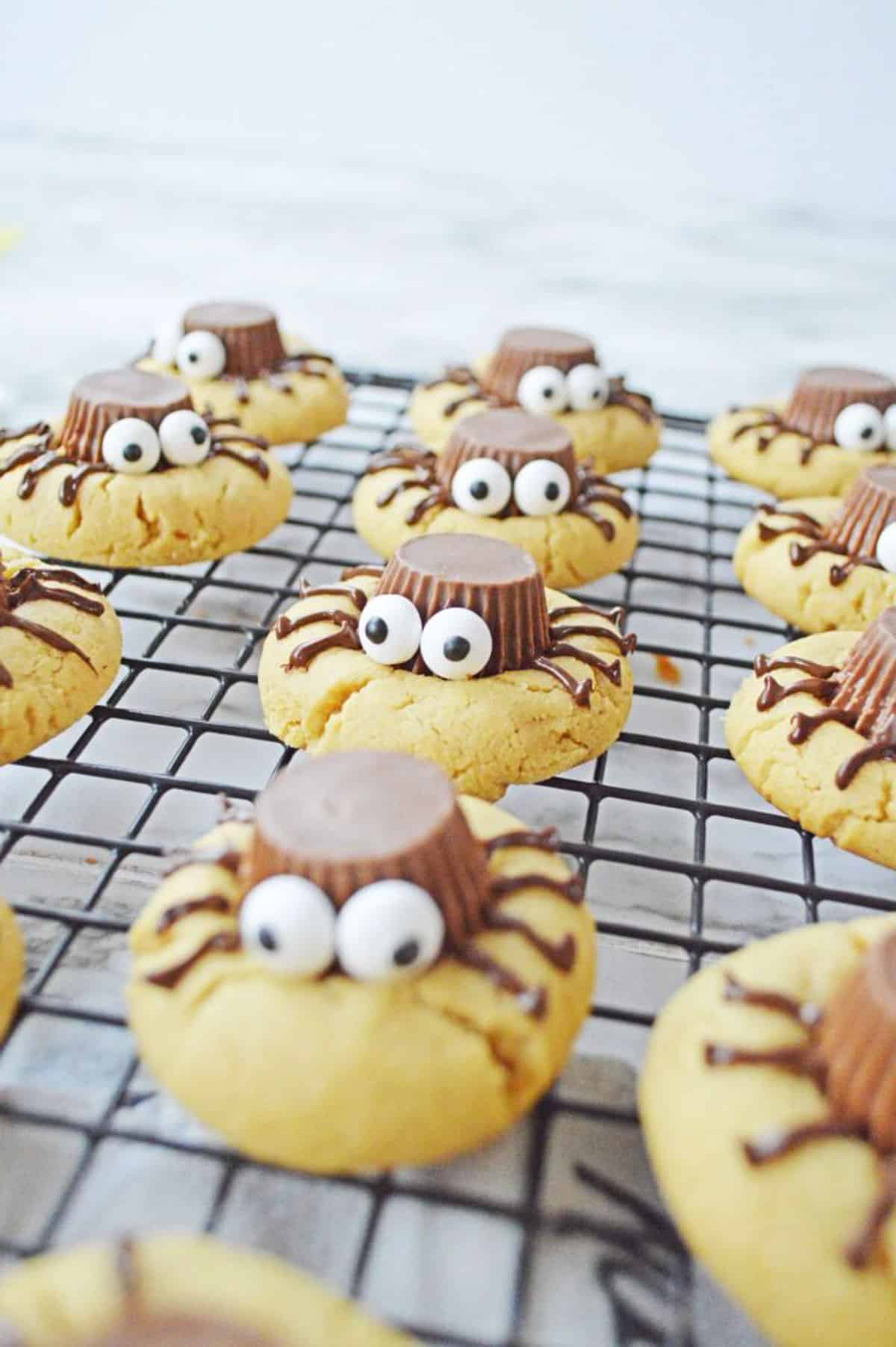 peanut butter spider cookies on cooling rack