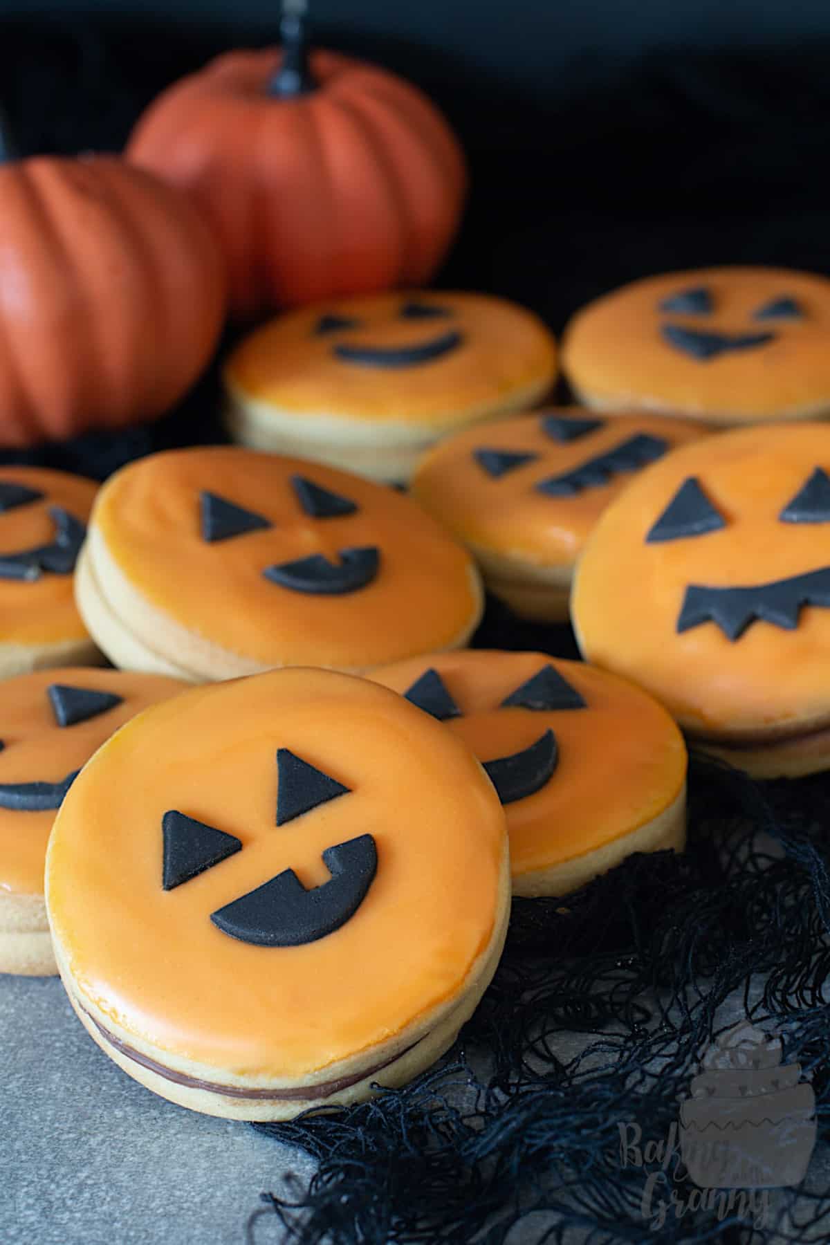 Jack-O-Lantern biscuit cookies close up