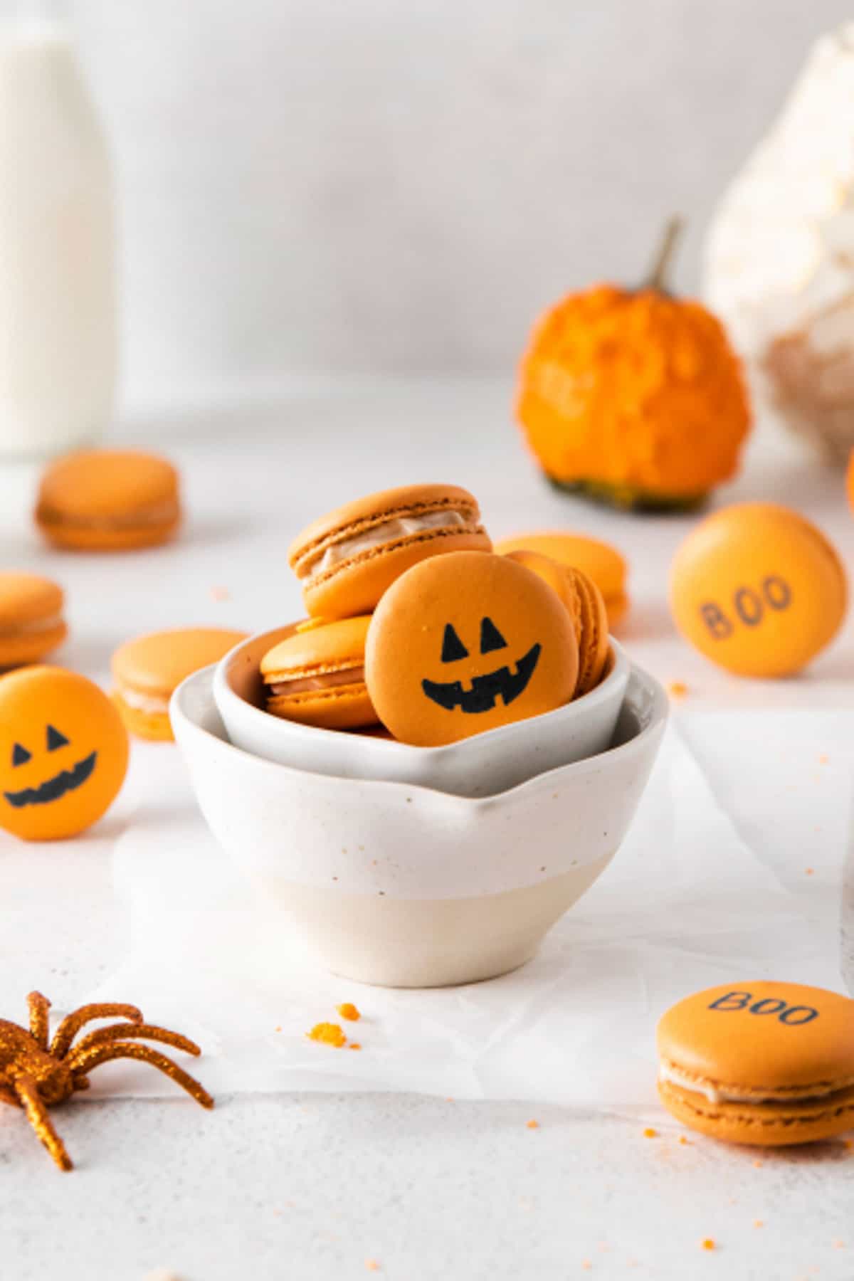 Jack-O-Lantern Macaroons in white bowl