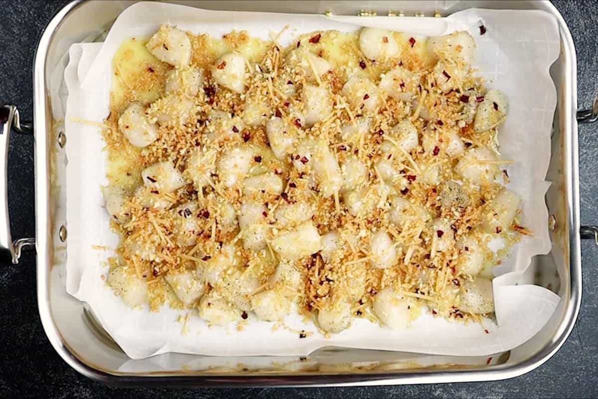 scallops in pan before baking