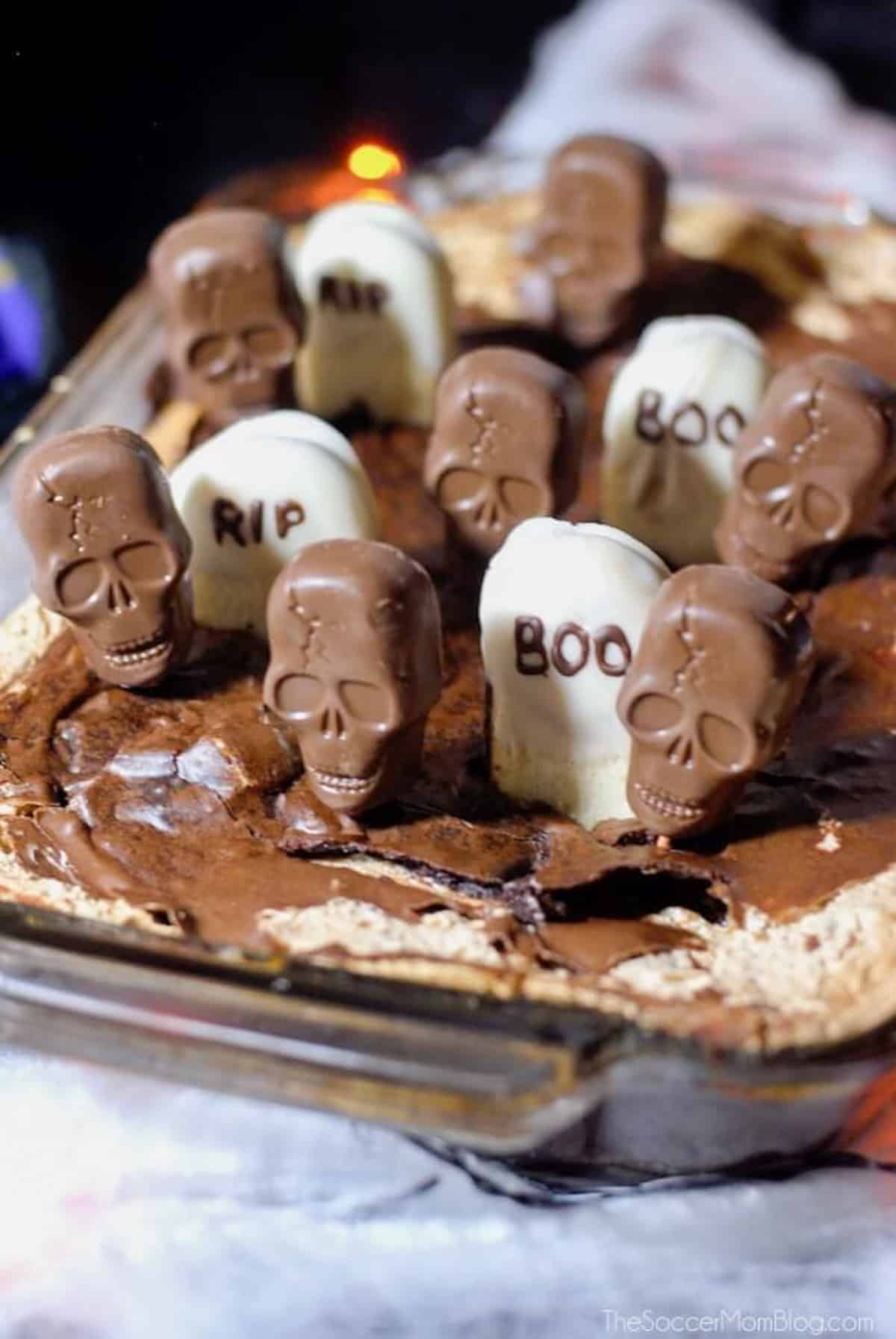 brownies with candy skulls and tombstones sticking out of top