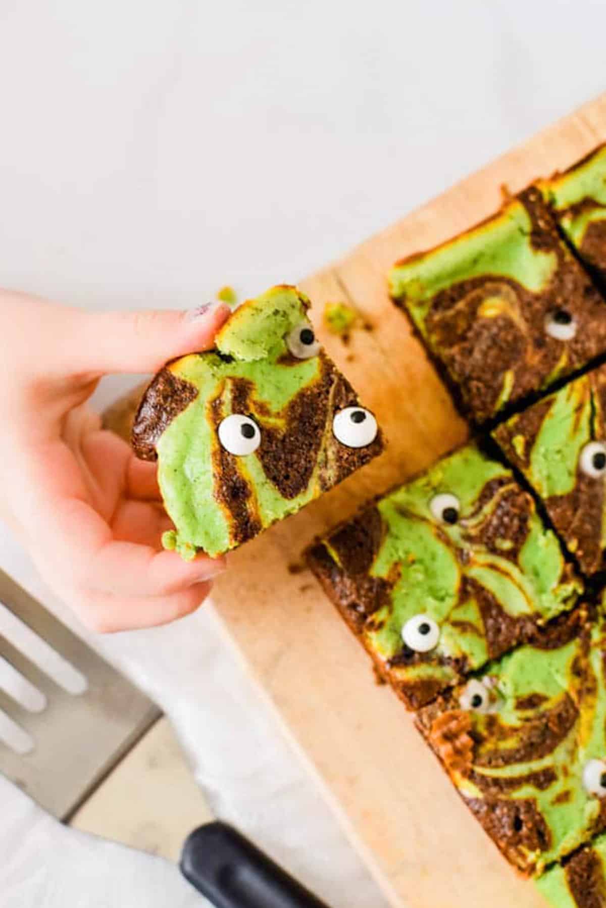green swirled brownies with candy eyes