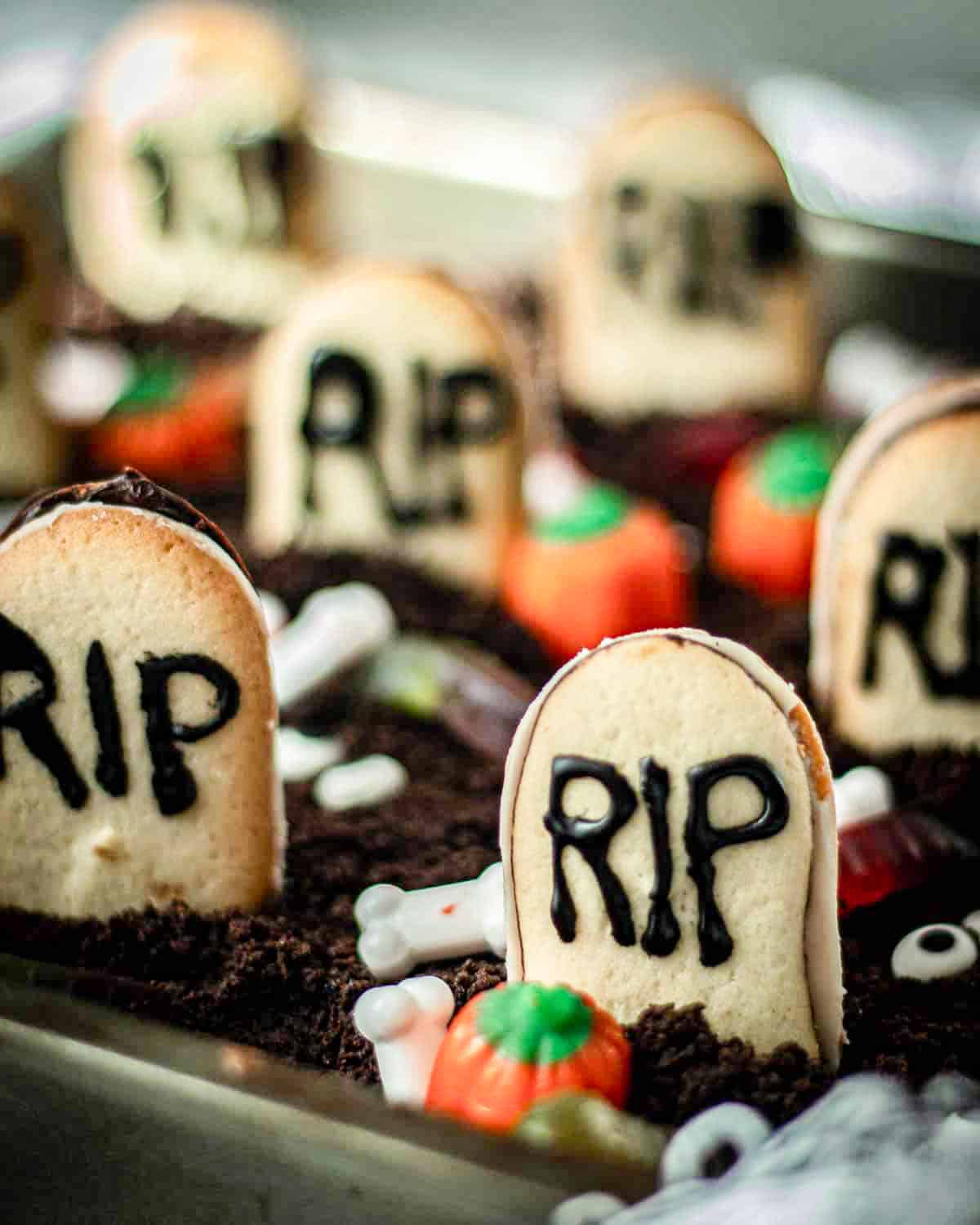 brownies with tombstones and candy corn pumpkins